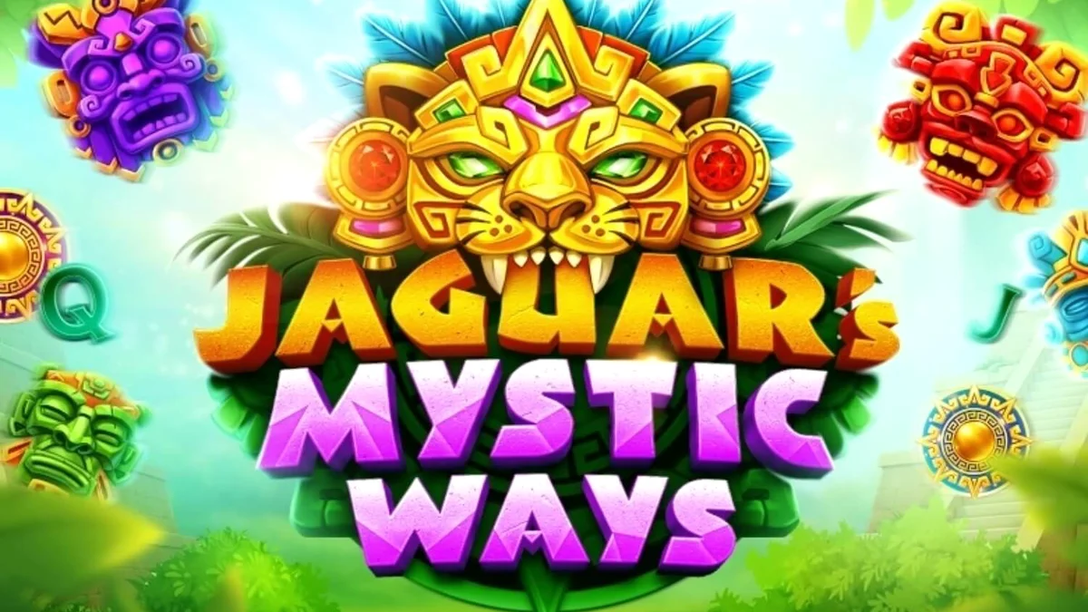 Pemandangan hutan kuno dengan kuil emas di slot Jaguar’s Mystic Ways